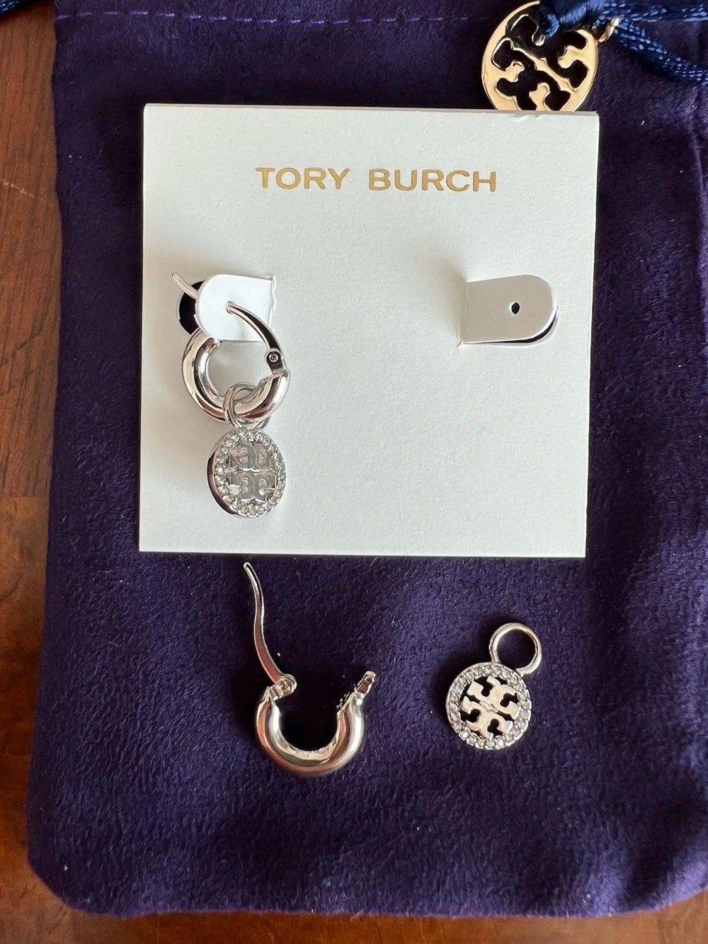Tory Burch Logo Huggies Silver Mini Hoop Drop Earrings